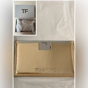 Tom Ford Gold Compact Mirror & Card Holder | Embossed Logo Faux Leather Case